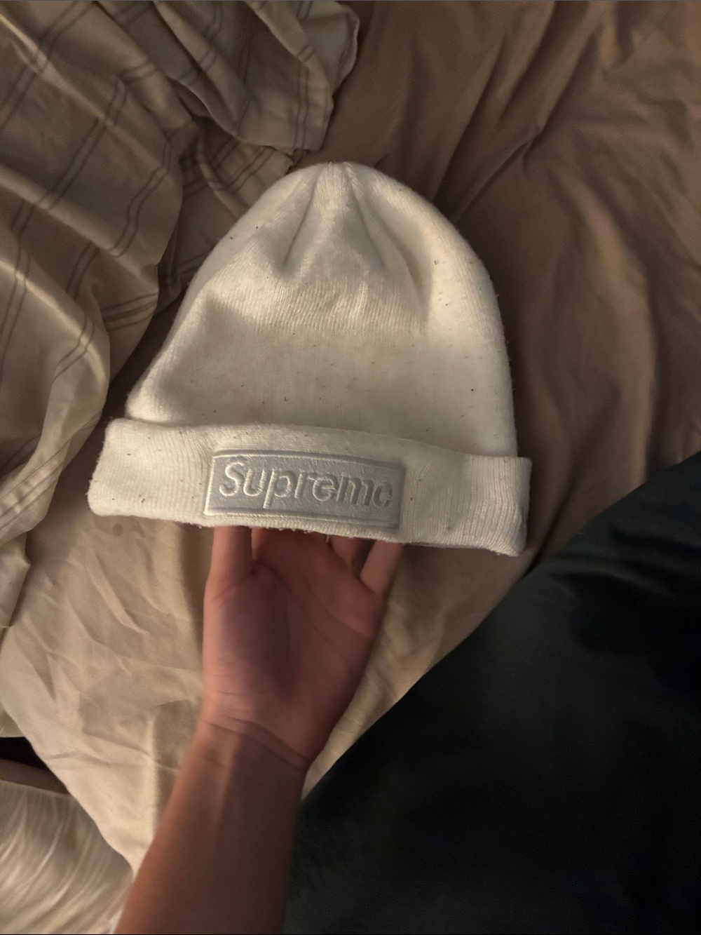 Supreme White Embossed Logo Cuffed Beanie